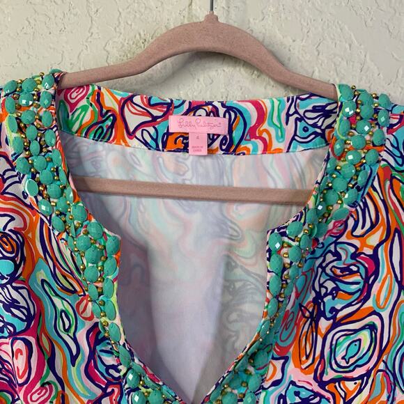 LILLY PULITZER Dress 4 Saemus What A Catch Beaded V-Neck Silk Lined Side Zip - Picture 4 of 16